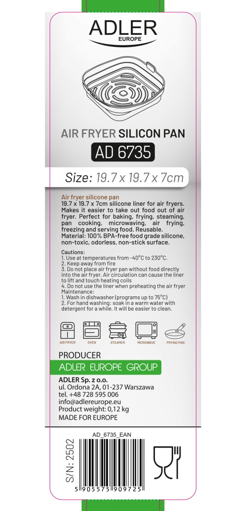 Silikonowa wkładka do frytkownicy powietrznej - kwadratowa 19,7 cm Adler 6735