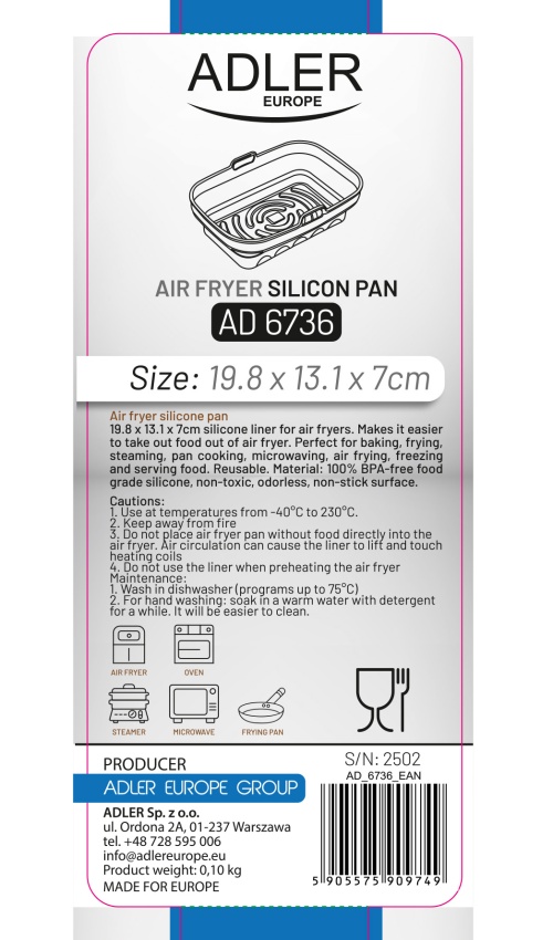 Silikonowa wkładka do frytkownicy powietrznej 20x13 cm Adler 6736