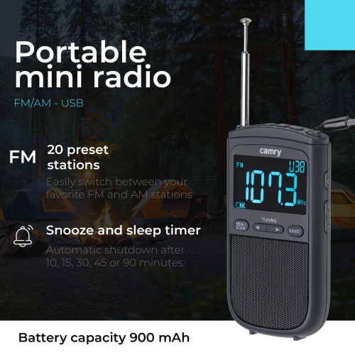 Przenośne radio FM/AM z alarmem i zegarem USB-C Camry 1905