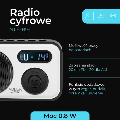 Cyfrowe radio AM/FM z PLL LCD budzik USB-C Adler 1906