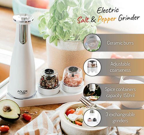 Elektryczny młynek do przypraw z podświetleniem - Zestaw 3 szt. - Adler 4449
