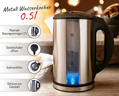 Czajnik elektryczny 1,7 L stal nierdzewna Adler 1216