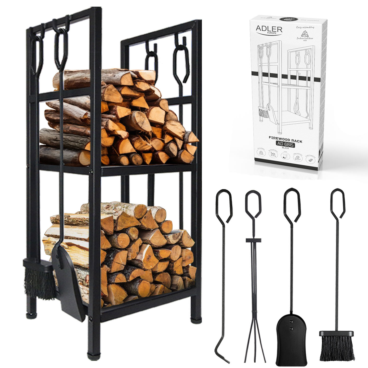 Stojak na drewno kominkowe z narzędziami - stalowy, na taras Adler 6815