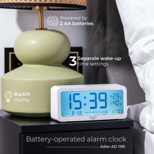 Budzik z czujnikiem temperatury i wilgotności - 3 alarmy - Adler 1195