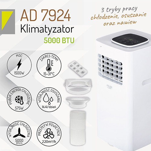 Klimatyzator przenośny 5000 BTU do 20 m² z pilotem Adler 7924