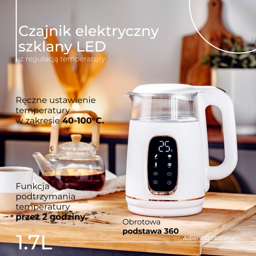 Czajnik elektryczny szklany z regulacją temperatury 1,7L LED Adler 1305