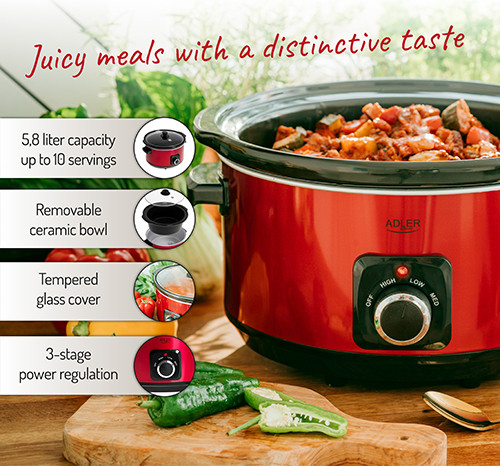 Wolnowar ceramiczny 5,8L czerwony z pokrywą hartowaną Adler 6413