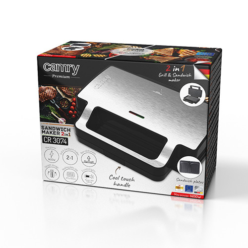 Opiekacz do kanapek i grill kontaktowy 2w1 z wymiennymi płytkami Camry 3074