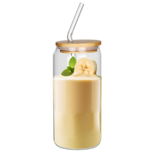 Szklany kubek z pokrywą i słomką 460 ml bambus Camry 4426