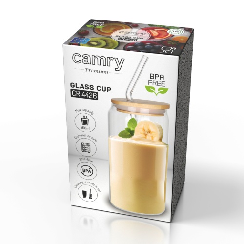 Szklany kubek z pokrywą i słomką 460 ml bambus Camry 4426