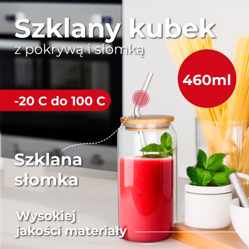 Szklany kubek z pokrywą i słomką 460 ml bambus Camry 4426