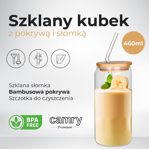 Szklany kubek z pokrywą i słomką 460 ml bambus Camry 4426