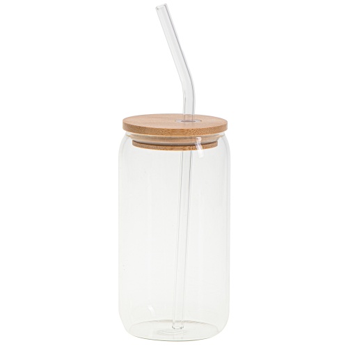 Szklany kubek z pokrywą i słomką 460 ml bambus Camry 4426