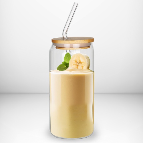 Szklany kubek z pokrywą i słomką 460 ml bambus Camry 4426