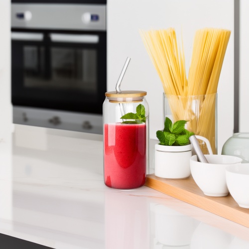 Szklany kubek z pokrywą i słomką 460 ml bambus Camry 4426