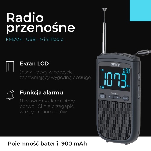 Przenośne radio FM/AM z alarmem i zegarem USB-C Camry 1905