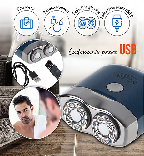 Golarka podróżna bezprzewodowa 2 głowice USB-C Adler 2937