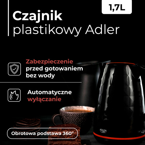 Czajnik elektryczny 1,7L 2200W czarny z filtrem Adler 1277