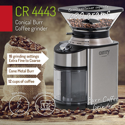 Elektryczny młynek do kawy ze stożkowymi żarnami - 16 stopni - Camry 4443