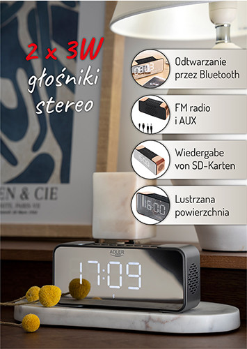 Radiobudzik Bluetooth z FM, AUX i zasilaniem akumulatorowym Adler 1190