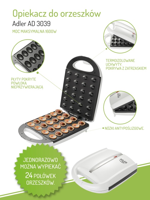 Opiekacz do orzeszków XL 24 szt. z powłoką nieprzywierającą Adler 3039