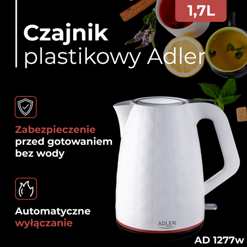 Czajnik elektryczny 1,7L biały z płaską grzałką Adler 1277