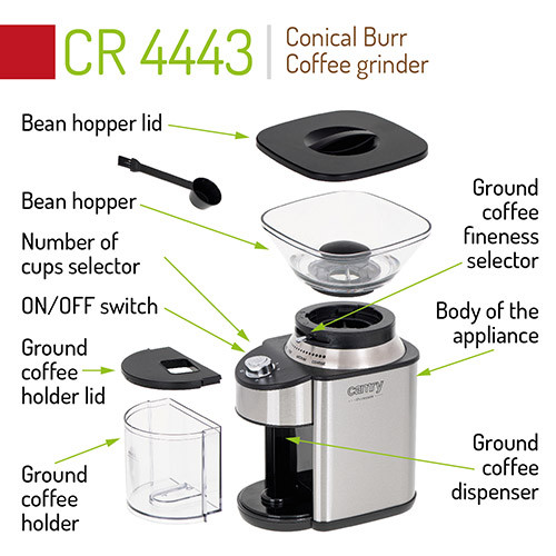 Elektryczny młynek do kawy ze stożkowymi żarnami - 16 stopni - Camry 4443