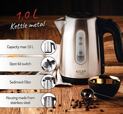 Czajnik elektryczny 1L stalowy z filtrem Adler 1273