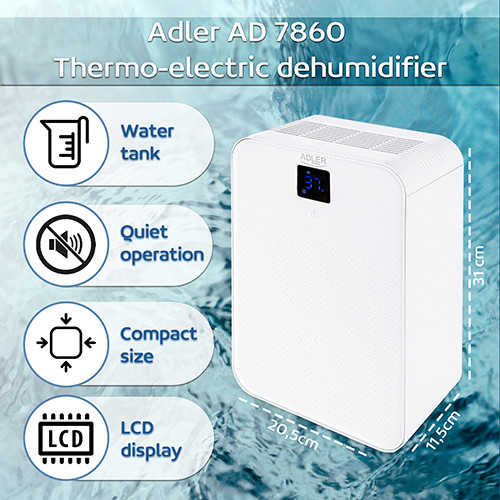 Osuszacz powietrza do łazienki z higrometrem i trybem nocnym Adler 7860