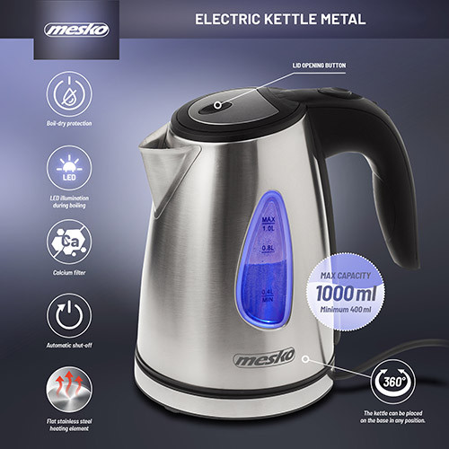 Czajnik elektryczny ze stali nierdzewnej 1,0 L z filtrem i podświetleniem Mesko 1351