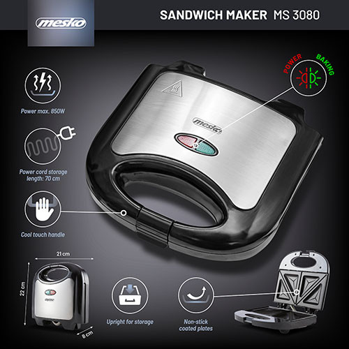 Opiekacz do kanapek z nieprzywierającą powłoką i bezpiecznym uchwytem Mesko 3080
